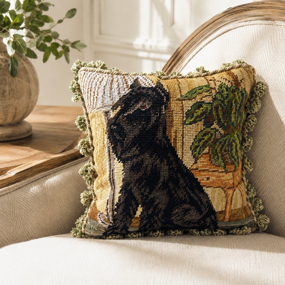 Vintage Scottie Dog Wool Needlepoint Pillow Velvet Tassel English Country 13x13